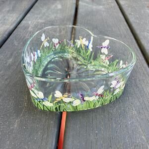 Heart shaped glass catch all bowl with hand painted dragonflies, fairy cottage